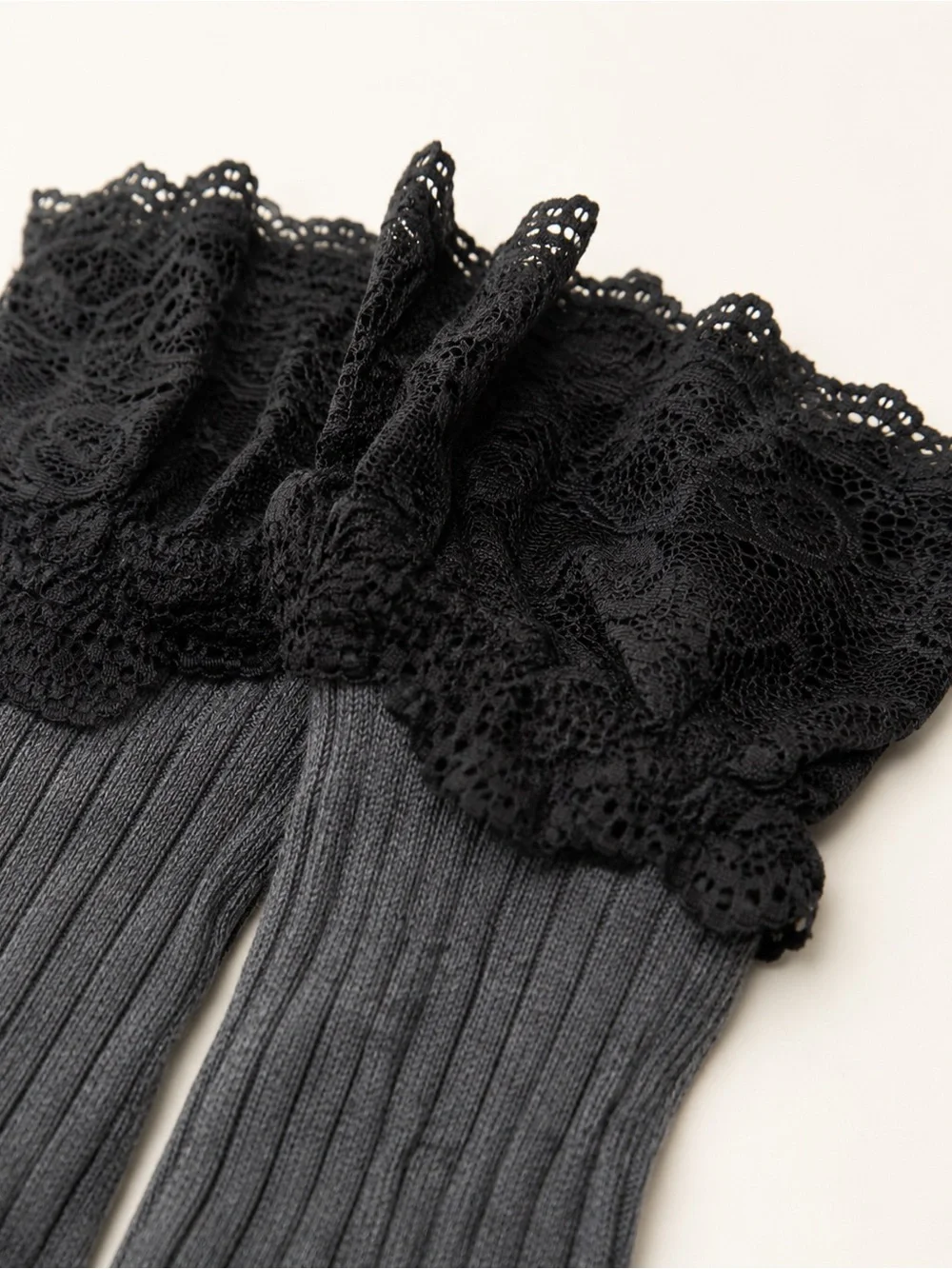 Ribbed Knee-High Socks with Black Lace Cuff for Women Charcoal NWT